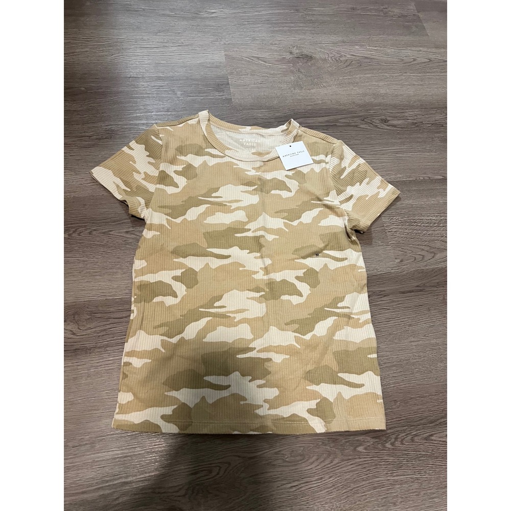 American Eagle Outfitters Womens Tan Camo Ribbed Short Sleeve T-Shirt Size M NWT
